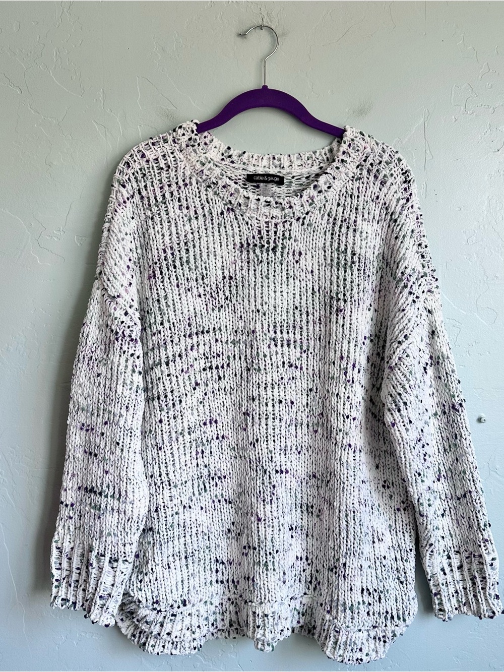 Cable & Gauge Cozy White Speckled Sweater Green Purple Flecks Women’s 1X